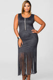 Grey Micro Suede Fringe Dress