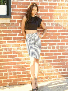 Black/White Stripe Self-Tie Midi Skirt